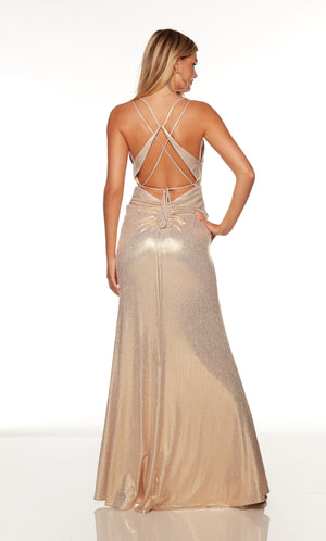 Metallic gold gown with cutout back detail and side slit.