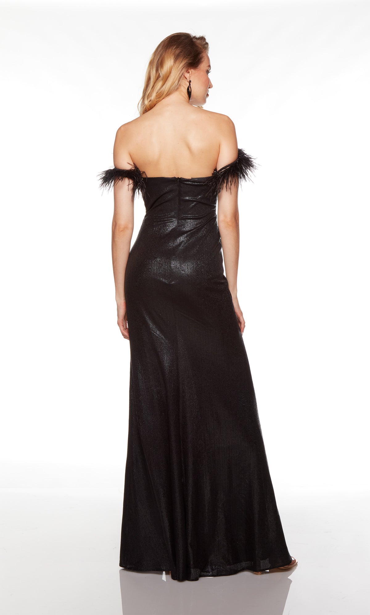 Long black off the shoulder prom dress with a zip up back and feather trim.