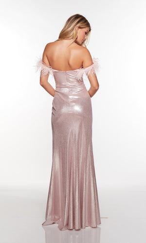 Long pink off the shoulder prom dress with a zip up back and feather trim.