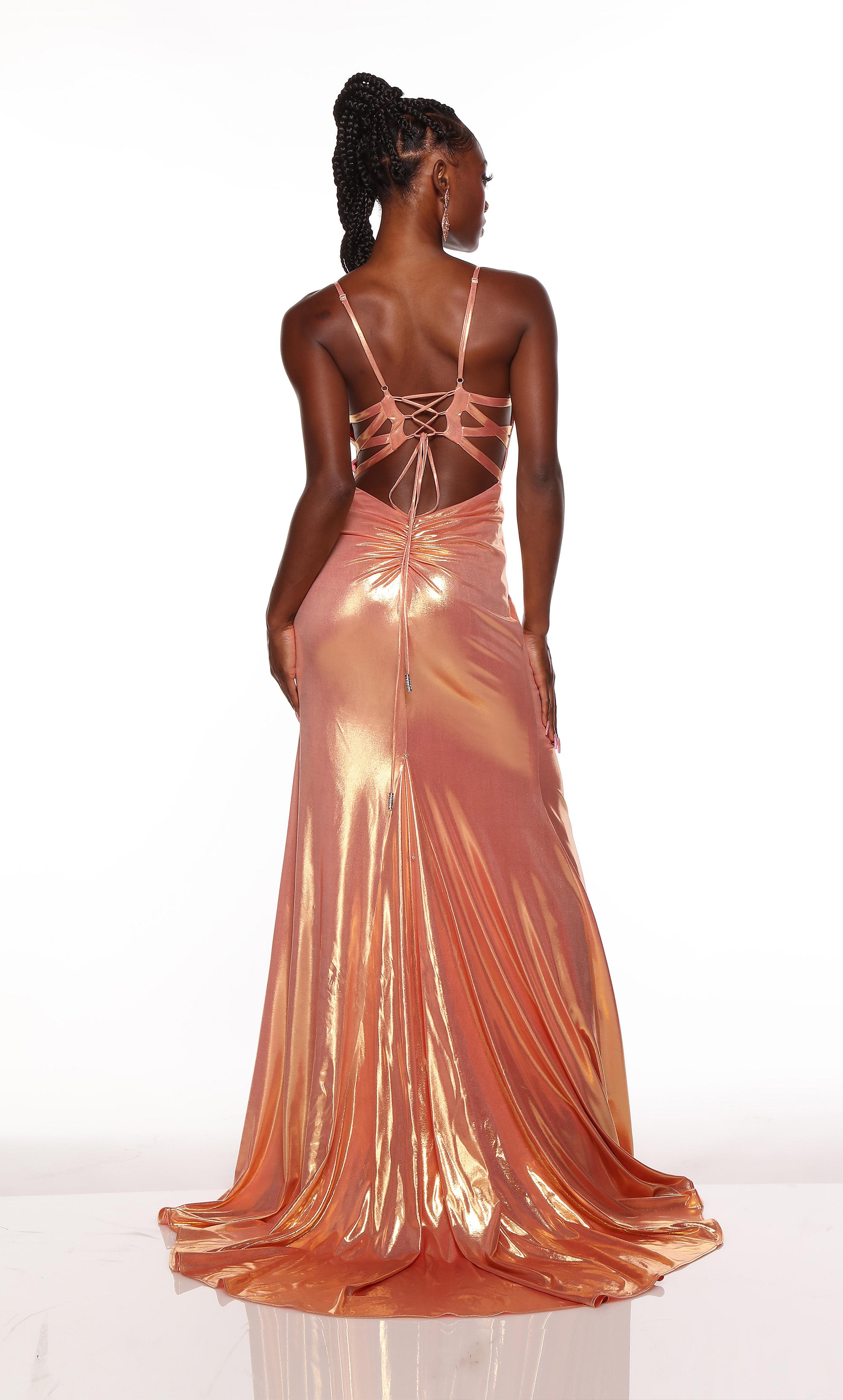 Metallic prom dress with cowl neckline, ruching detail, and high split in coral-gold. COLOR-SWATCH_61430__CORAL-GOLD