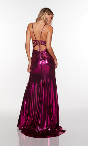 Metallic prom dress with a lace up back and train in pink.