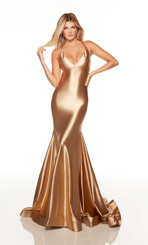 Gold satin prom dress with a V neckline.