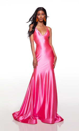 Pink prom dress with a plunging neckline. COLOR-SWATCH_61437__SHOCKING-PINK