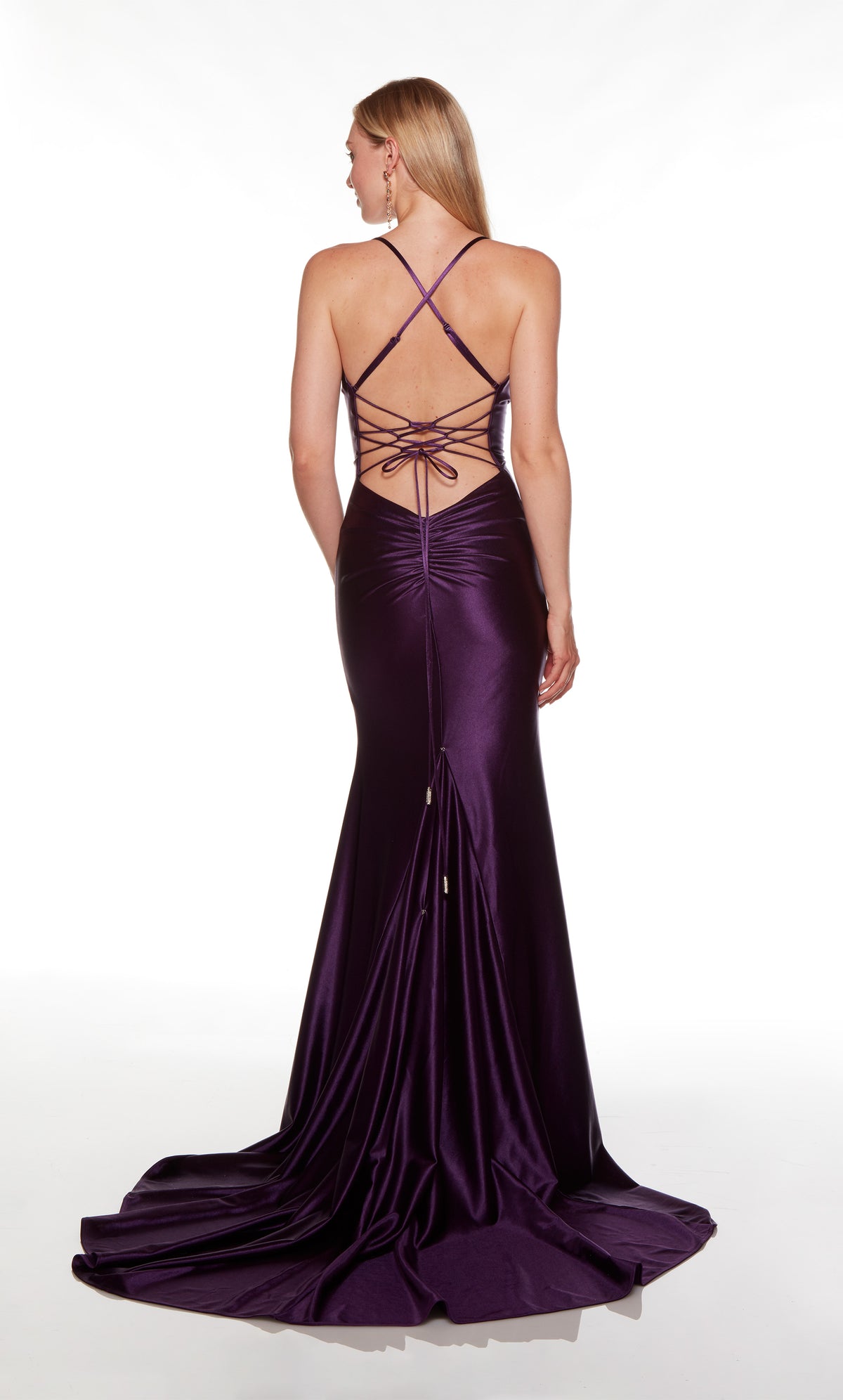 Strappy back satin formal dress with a long train in purple.
