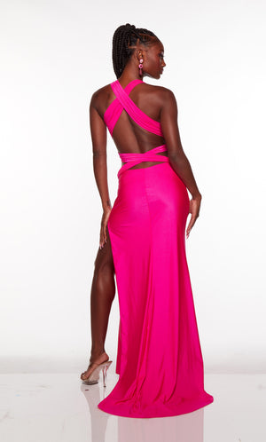 Hot pink prom dress with wide back straps, a side slit, and train.
