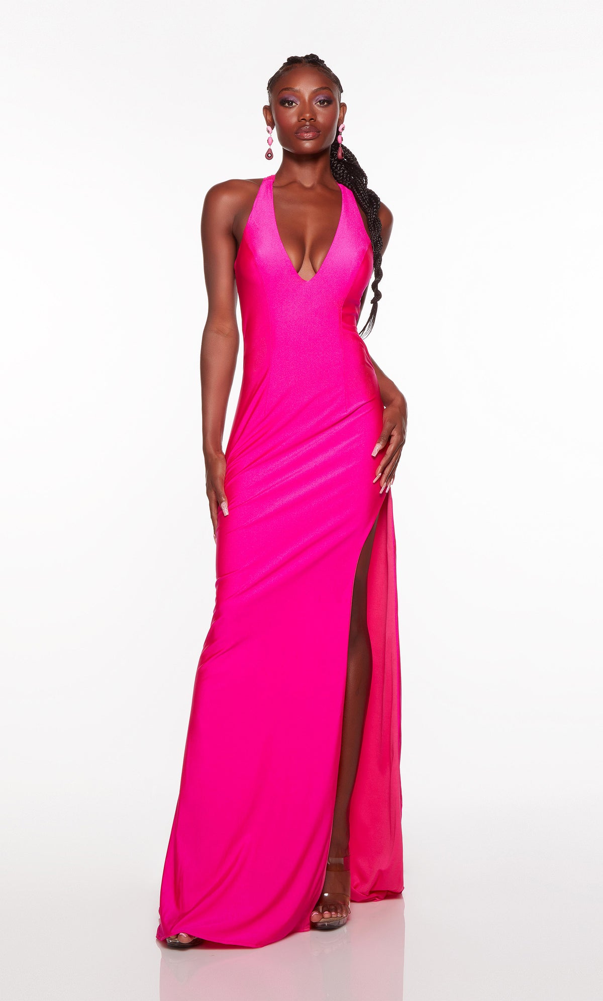 Hot pink formal gown with deep V neckline and side slit.