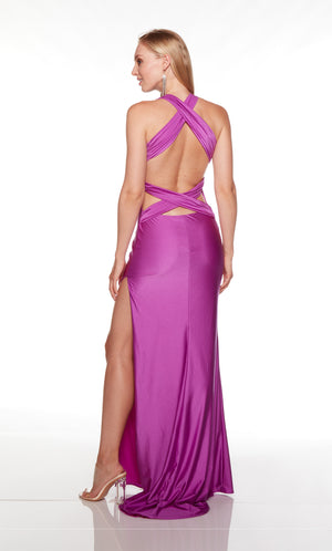 Purple prom dress with wide back straps, a side slit, and train.