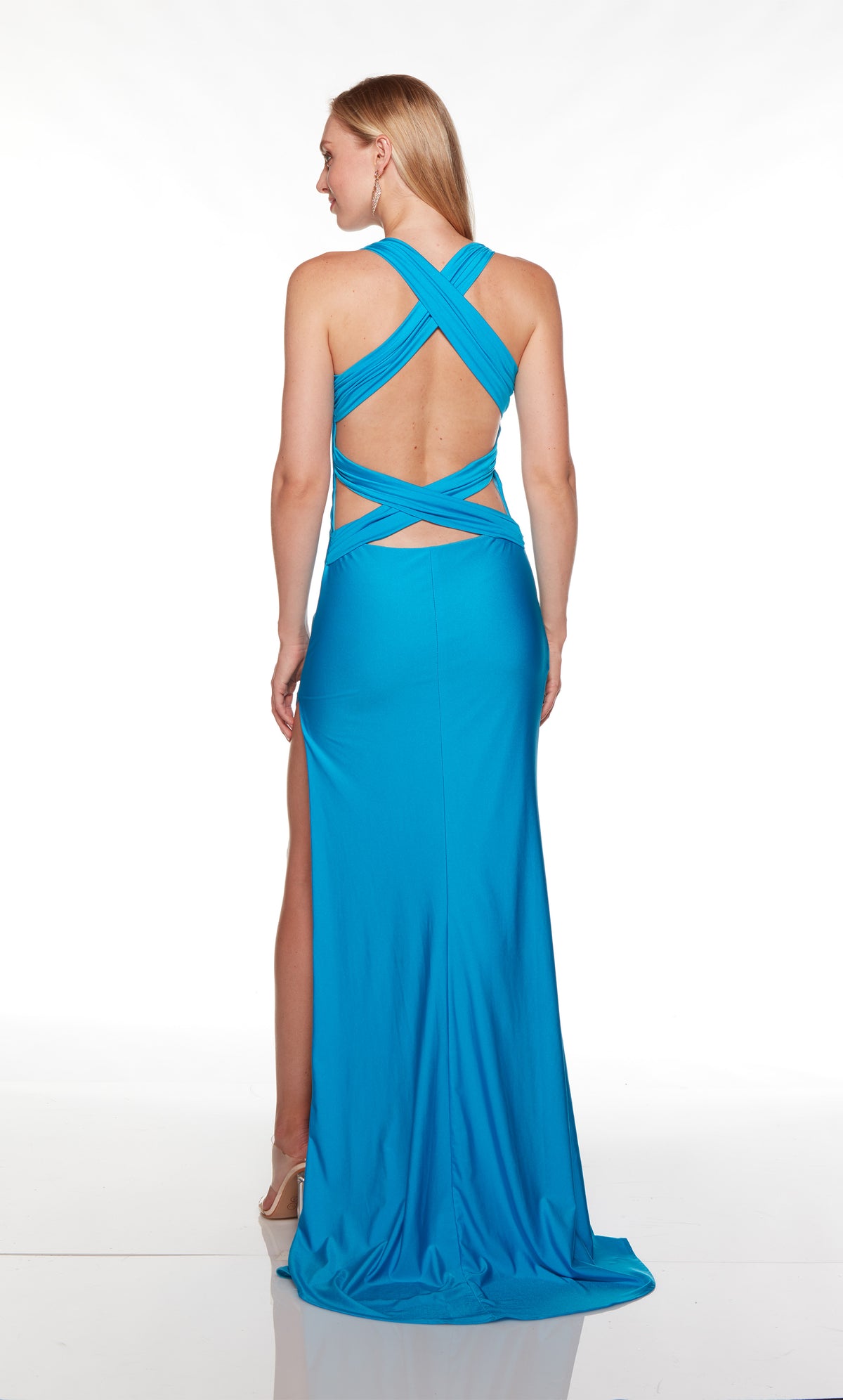 Blue formal gown with deep V neckline and side slit.