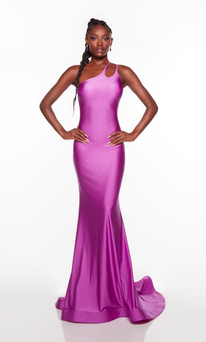 Fitted one shoulder prom dress in neon purple. COLOR-SWATCH_61448__NEON-PURPLE
