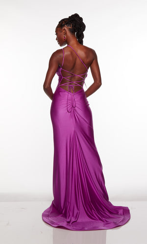 Strappy back gown with train in neon purple.