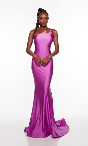 Tight prom dress with a one shoulder neckline in purple.