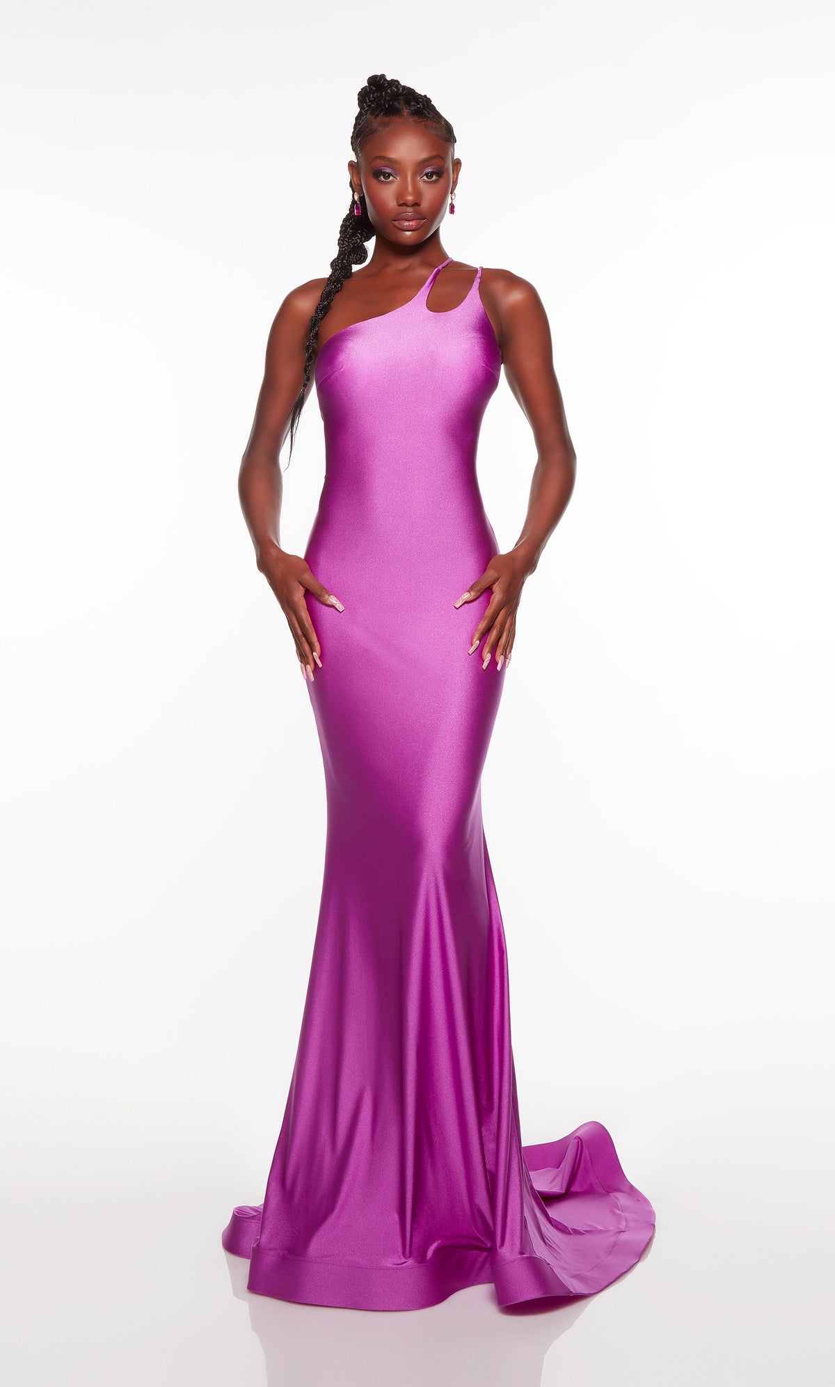 Sexy one shoulder gown with cutout in neon purple.