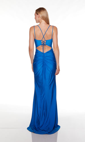 Blue formal dress with a plunging neckline and front slit.