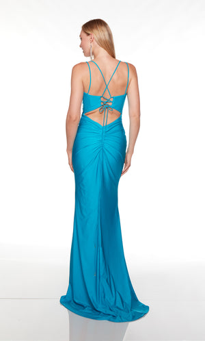 Long cutout back dress with slight train in blue.