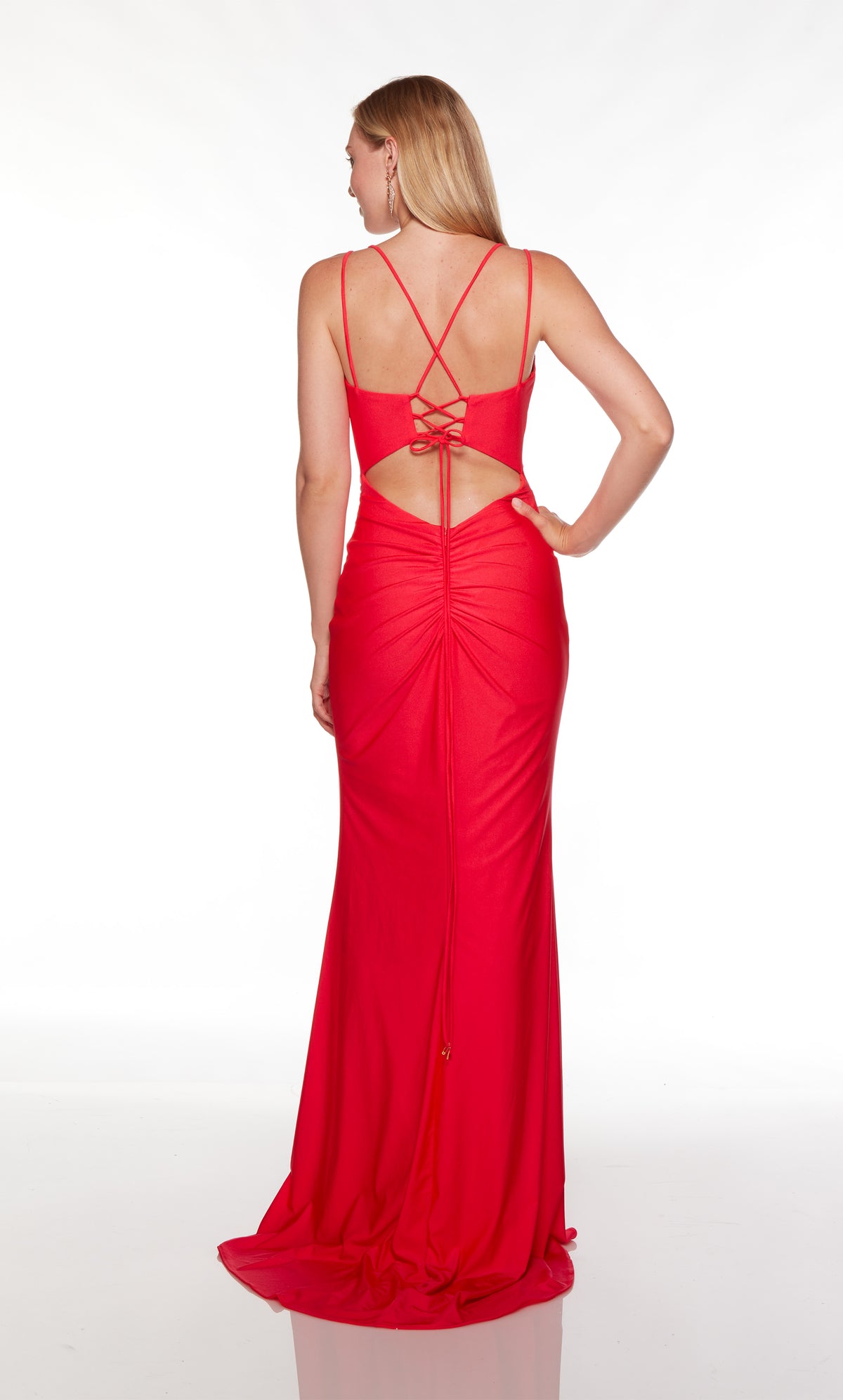Long cutout back dress with slight train in red.