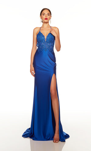 Fitted corset prom dress with a sheer lace bodice and front slit. COLOR-SWATCH_61452__ROYAL