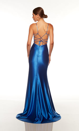 Fitted blue corset prom dress with a strappy back and train.