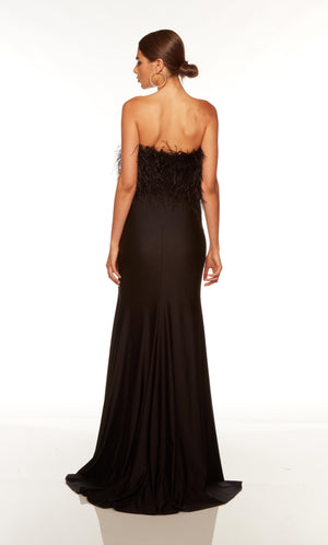 Strapless two piece feather prom dress with train in black.