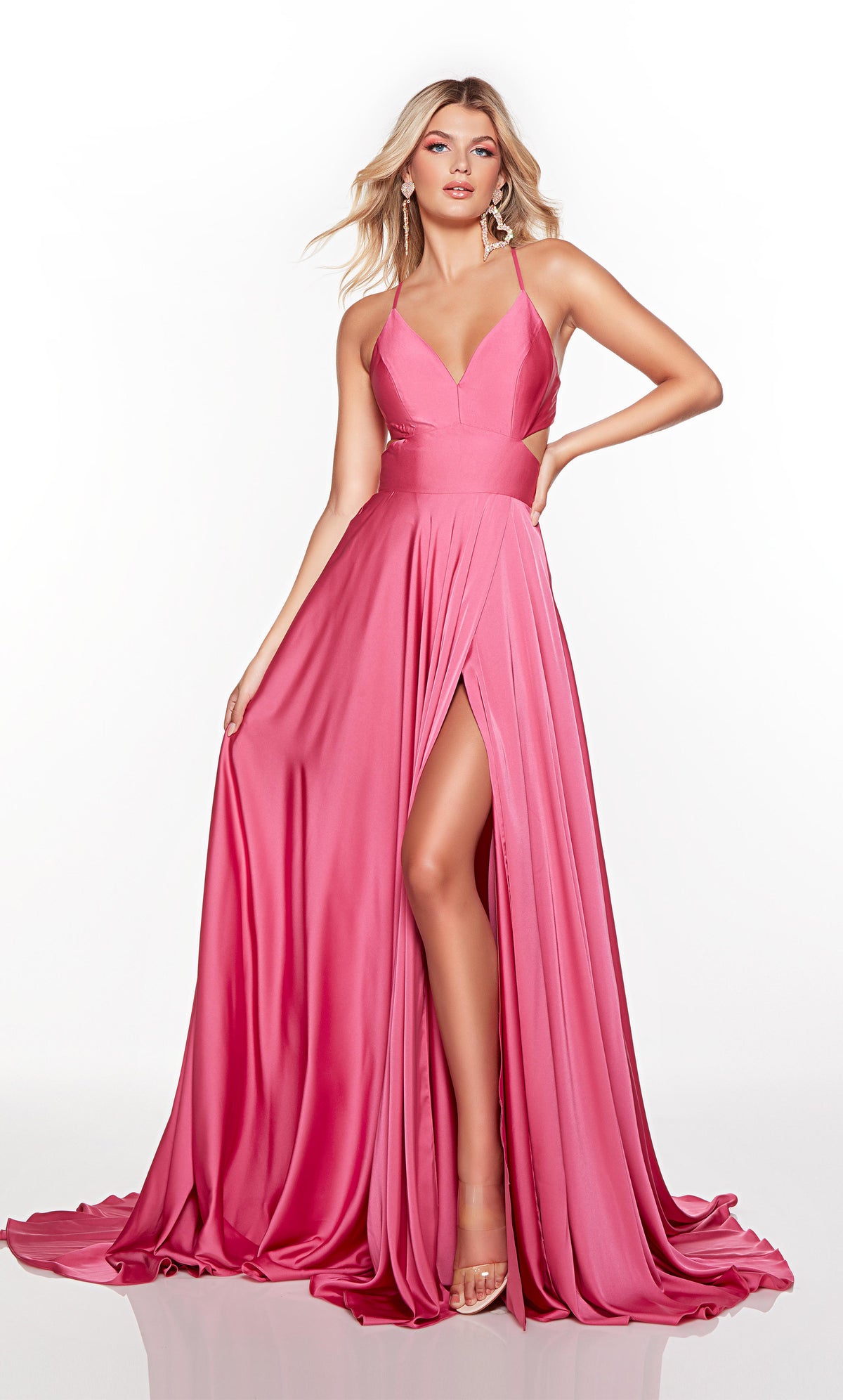 Flowy hot pink prom dress with side cutouts and front slit. COLOR-SWATCH_61460__HOT-PINK