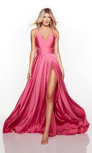 Flowy hot pink satin gown with side cutouts and front slit.