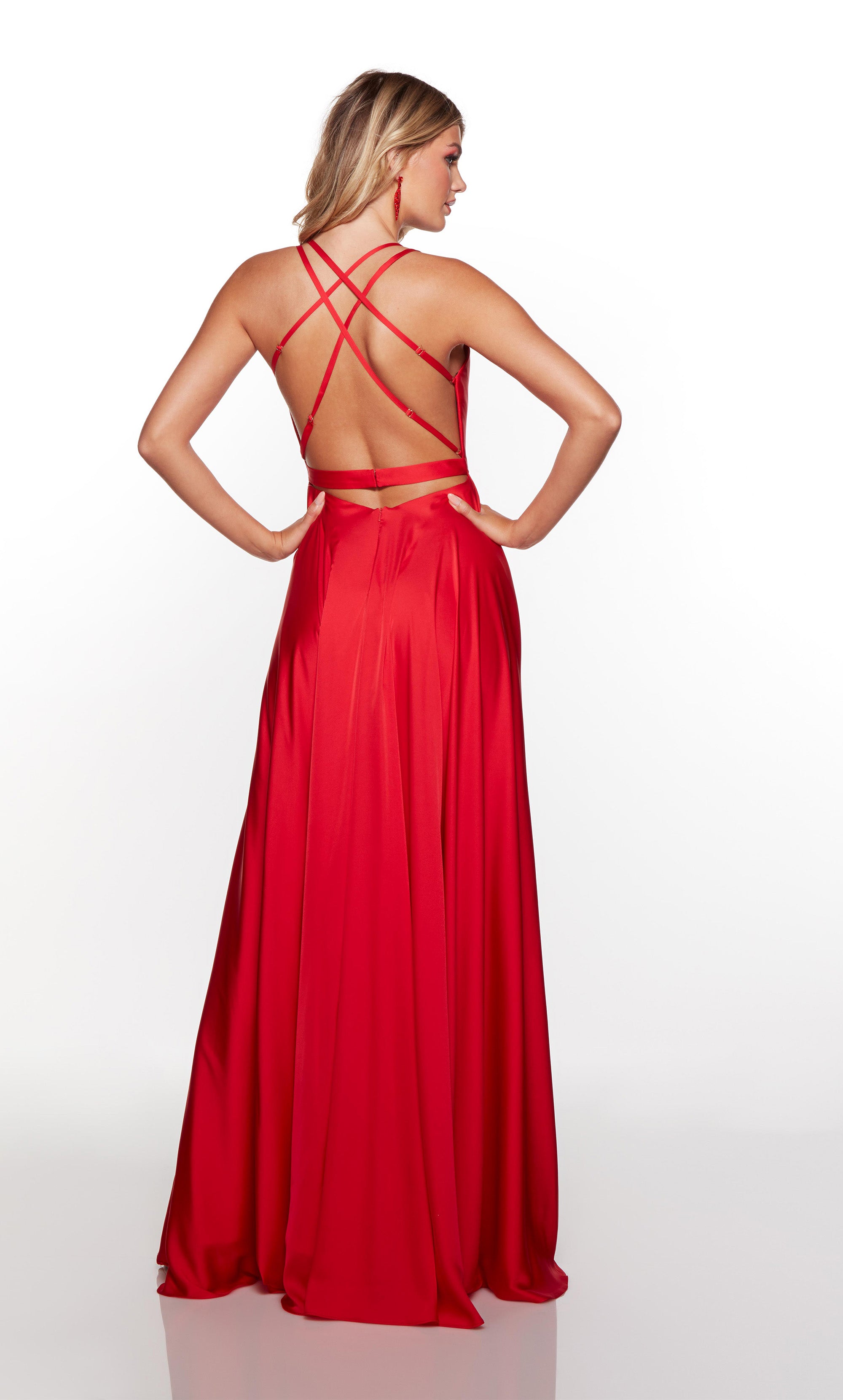 Flowy red prom dress with a plunging neckline and front slit. COLOR-SWATCH_61463__RED