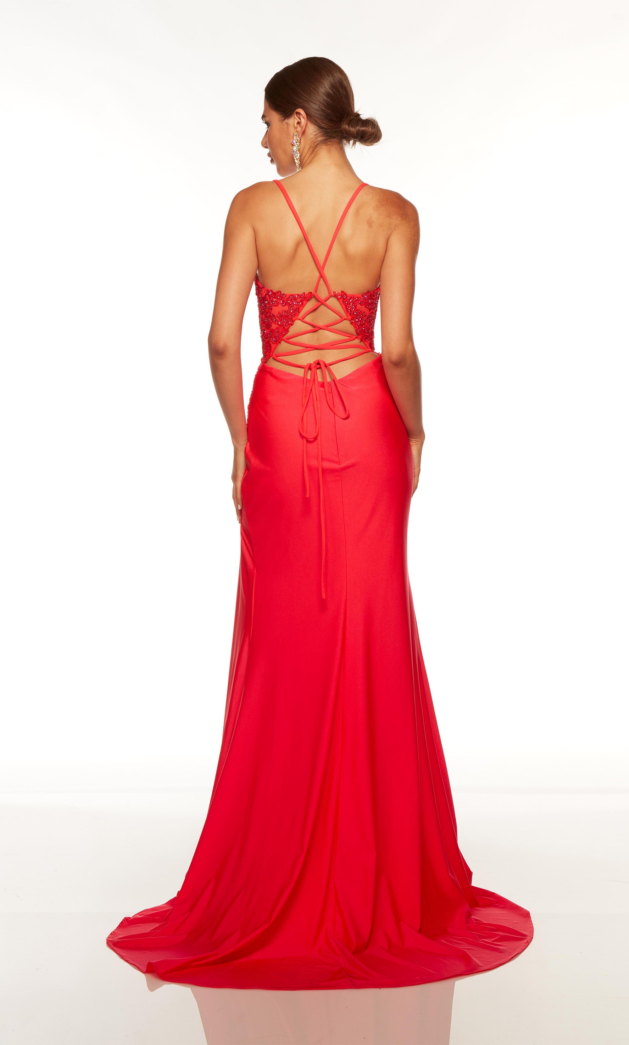 Corset prom dress with a sheer lace bodice, ruching detail, and high slit in red. COLOR-SWATCH_61469__WATERMELON