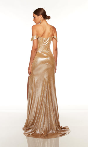 Gold formal gown with a zip up corset bodice and train.