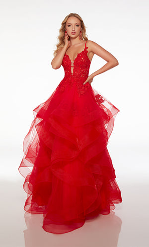 Lipstick red ball gown spotlighting an sheer lace corset top, ruffled tulle skirt, strappy open back, and floral lace appliques for an fiery yet romantic vibe.