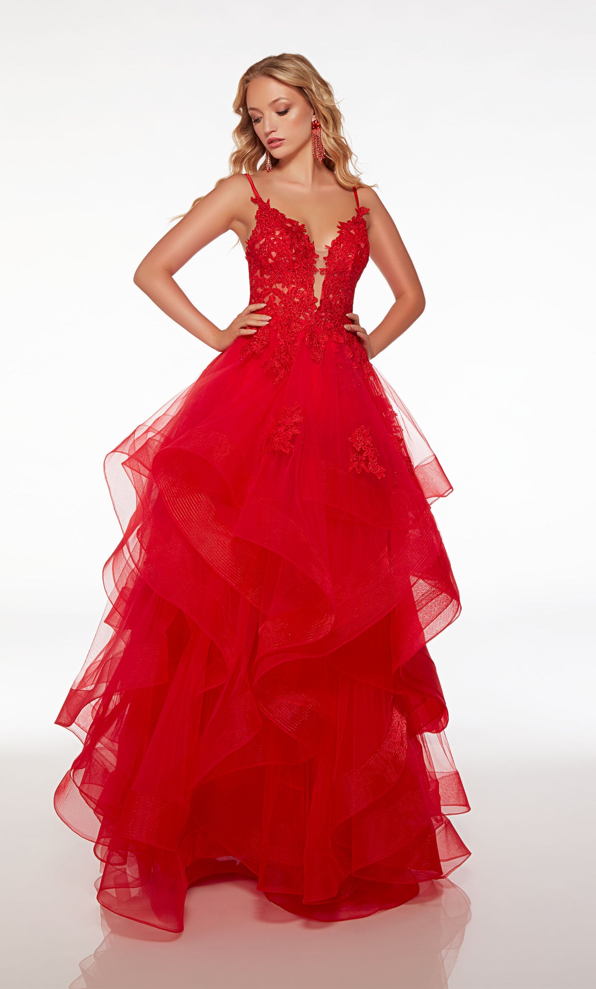 Lipstick red ball gown spotlighting an sheer lace corset top, ruffled tulle skirt, strappy open back, and floral lace appliques for an fiery yet romantic vibe.