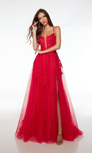 Red prom dress: Plunging corset top, high slit, crisscross strappy back, and train in glitter tulle fabric. Floral lace appliques strategically placed for the perfect touch.