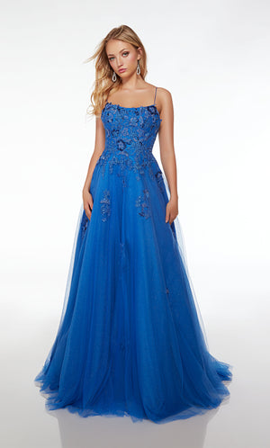 Blue prom dress: Scooped neckline, A-line skirt, crisscross lace up back, and train crafted in glitter tulle and adorned with delicate beaded lace.
