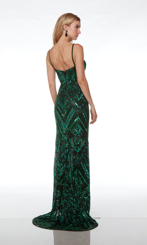 Black and green hand-beaded unique prom dress with intricate pattern, plunging neckline, side slit, beaded straps, and an slight train for an stylish and distinctive look.
