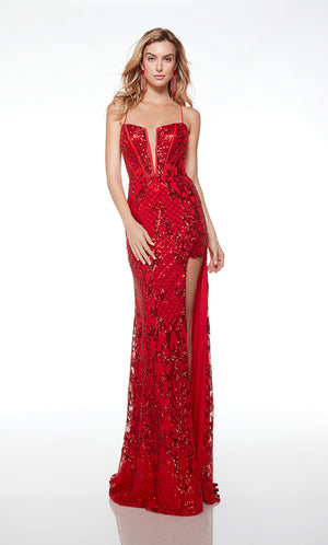 Sparkly red prom dress: Plunging corset top, daring side slit, crisscross lace-up back, and an slight train for an glamorous and bold look.