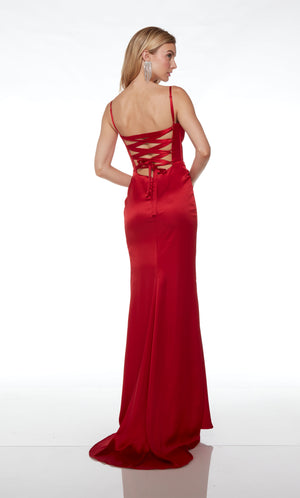 Glamorous red prom dress with an plunging corset top, silver rhinestone trimmed side slit, adjustable straps, lace up back, and train crafted in satin.