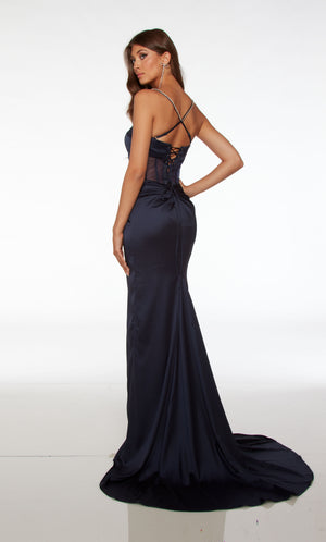 Midnight blue satin gown: Plunging sheer corset top, high slit, ruching detail, train, and detachable side train for added drama and flair to the elegant look.