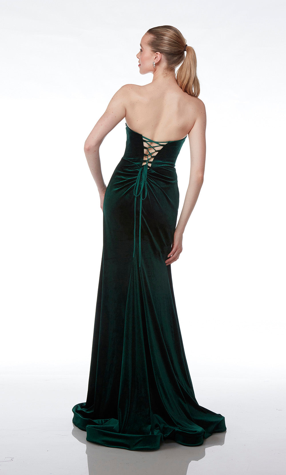 Pine velvet fit-and-flare formal gown: Silver rhinestone-trimmed strapless neckline, lace-up back, and an beautiful train for an stunning and elegant look.