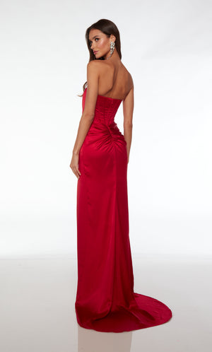 Chic red satin dress: corset top, side slit, zip-up back, ruching, slight train for an sophisticated look.