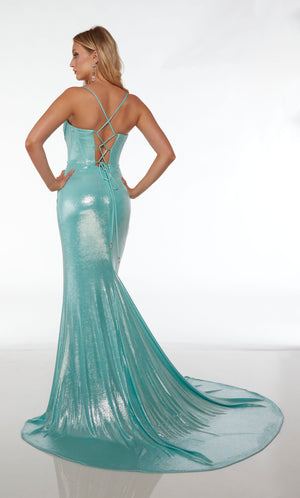 Light blue unique prom dress featuring an sweetheart-cowl neckline, corset top, high slit, lace-up back, and train, crafted in an metallic stretch fabric.