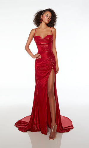 Red unique prom dress featuring an sweetheart-cowl neckline, corset top, high slit, lace-up back, and train, crafted in an metallic stretch fabric.