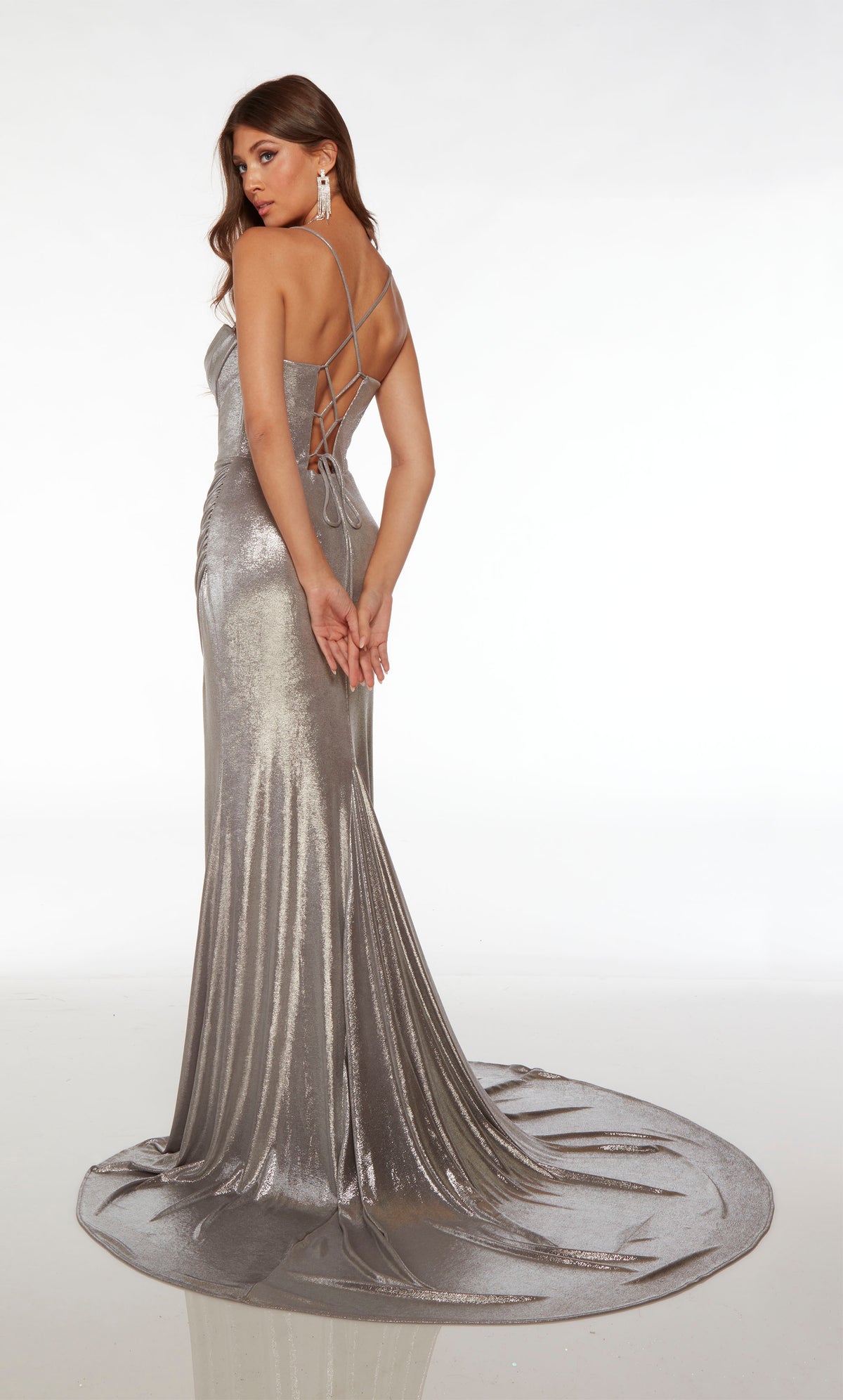 Silver unique prom dress featuring an sweetheart-cowl neckline, corset top, high slit, lace-up back, and train, crafted in an metallic stretch fabric.