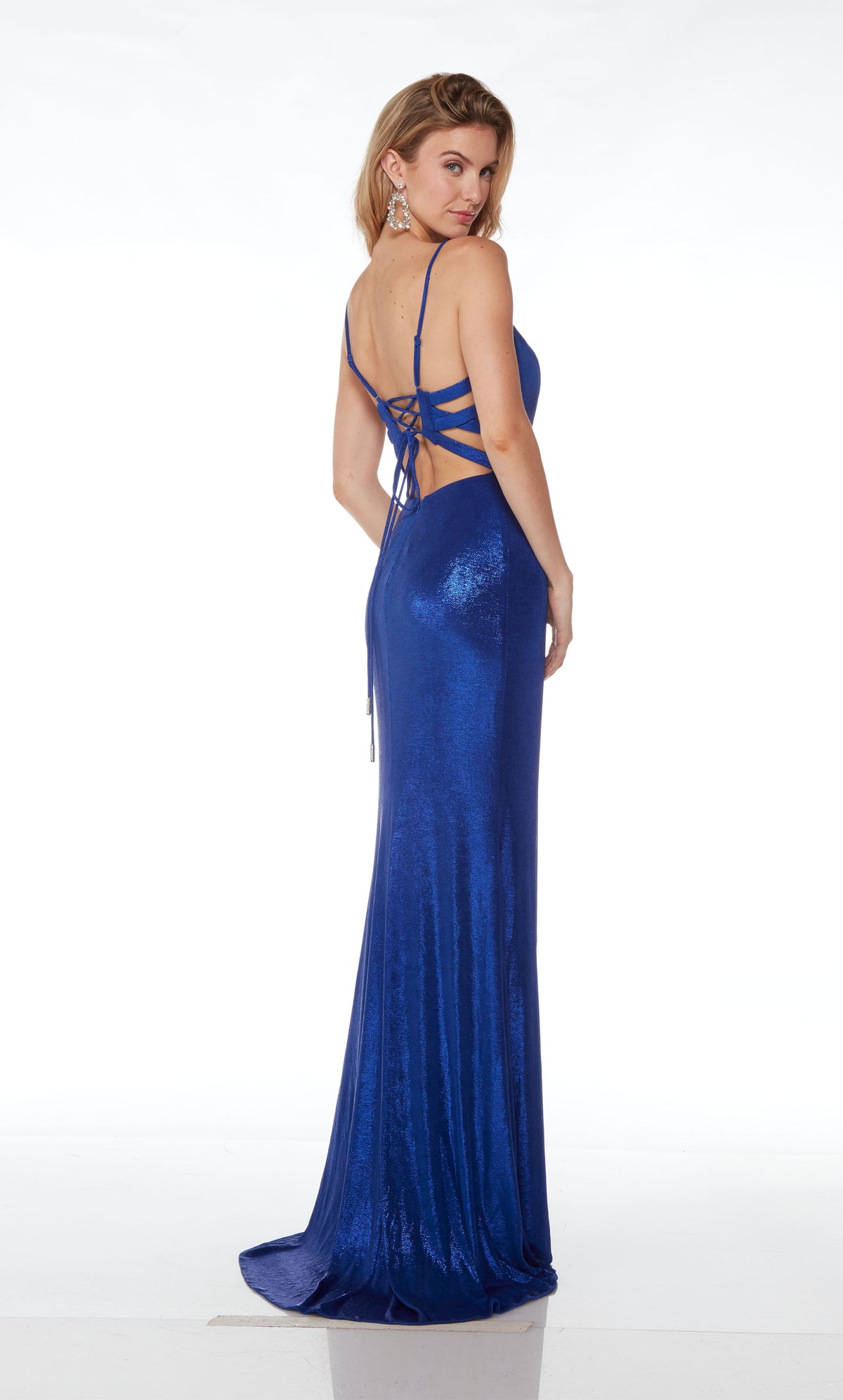 Elegant royal blue metallic stretch formal dress with an plunging neckline, side slit, lace-up back, and an graceful train for an stylish and sophisticated look.