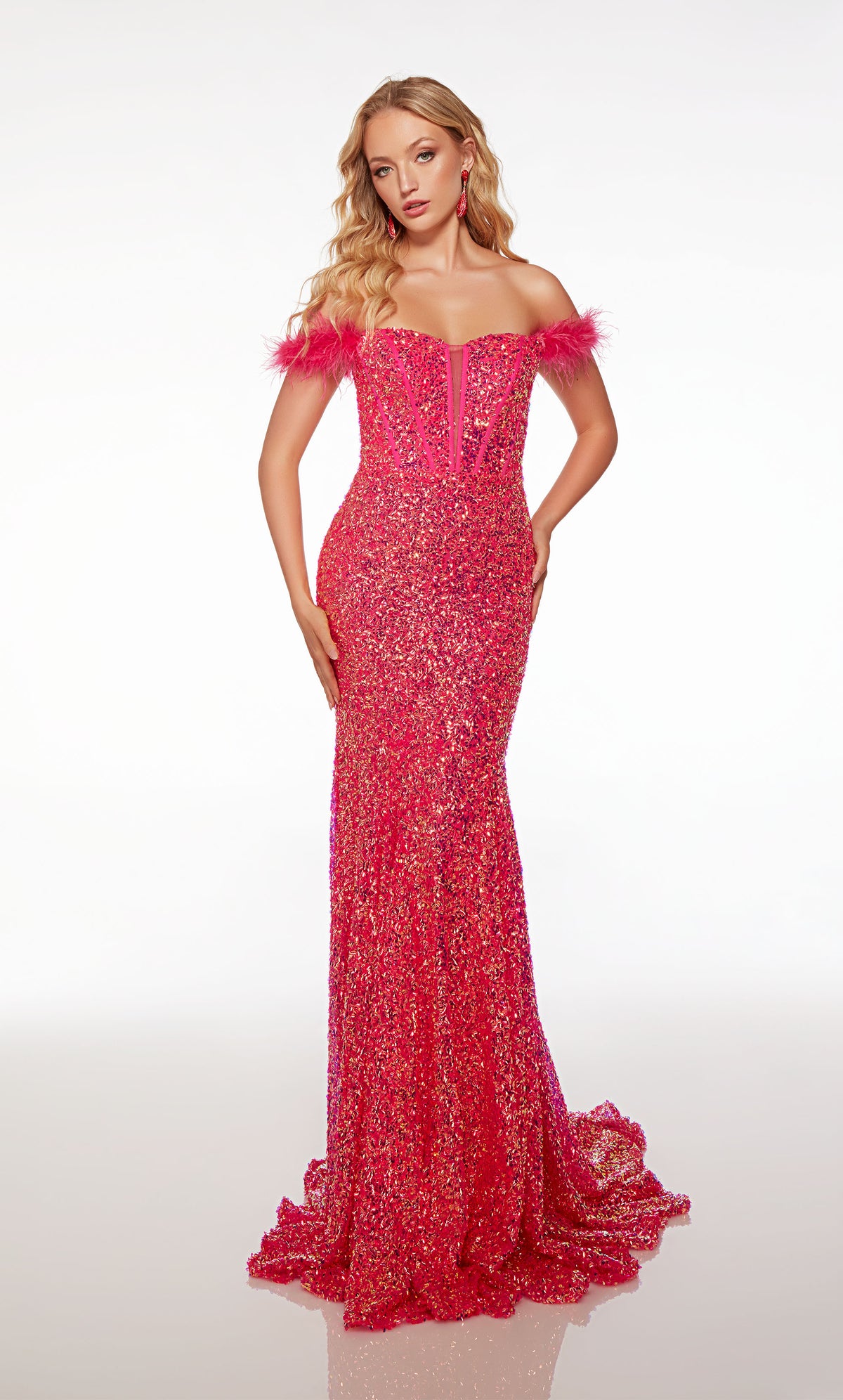 Off-the-shoulder pink mermaid dress featuring detachable feather sleeves, corset top, zip-up back, and an long train for an stylish and elegant ensemble.