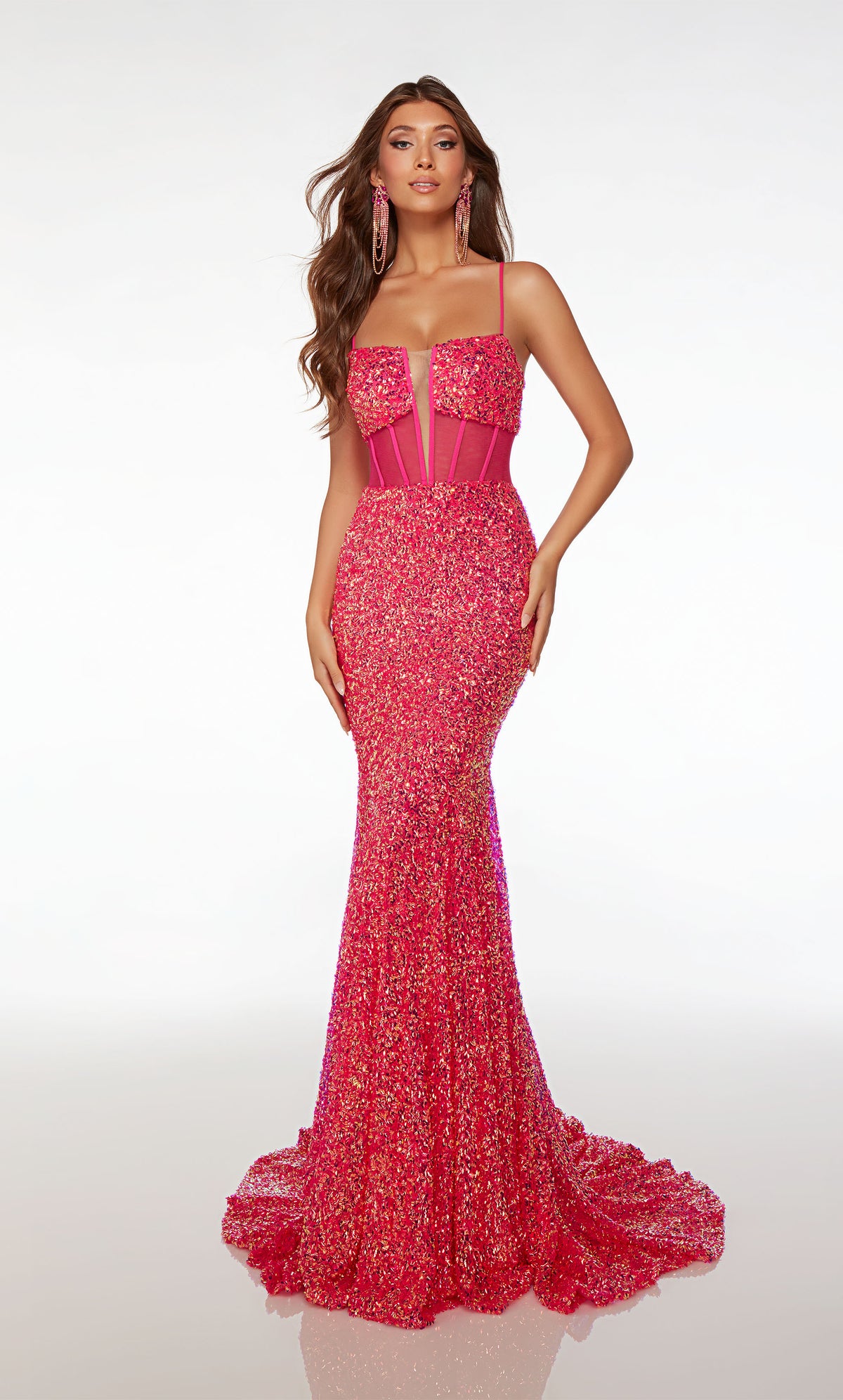 Dazzling pink sequin mermaid dress with an square plunging neckline, sheer corset top, crisscross lace-up back, and an gracefully long train.