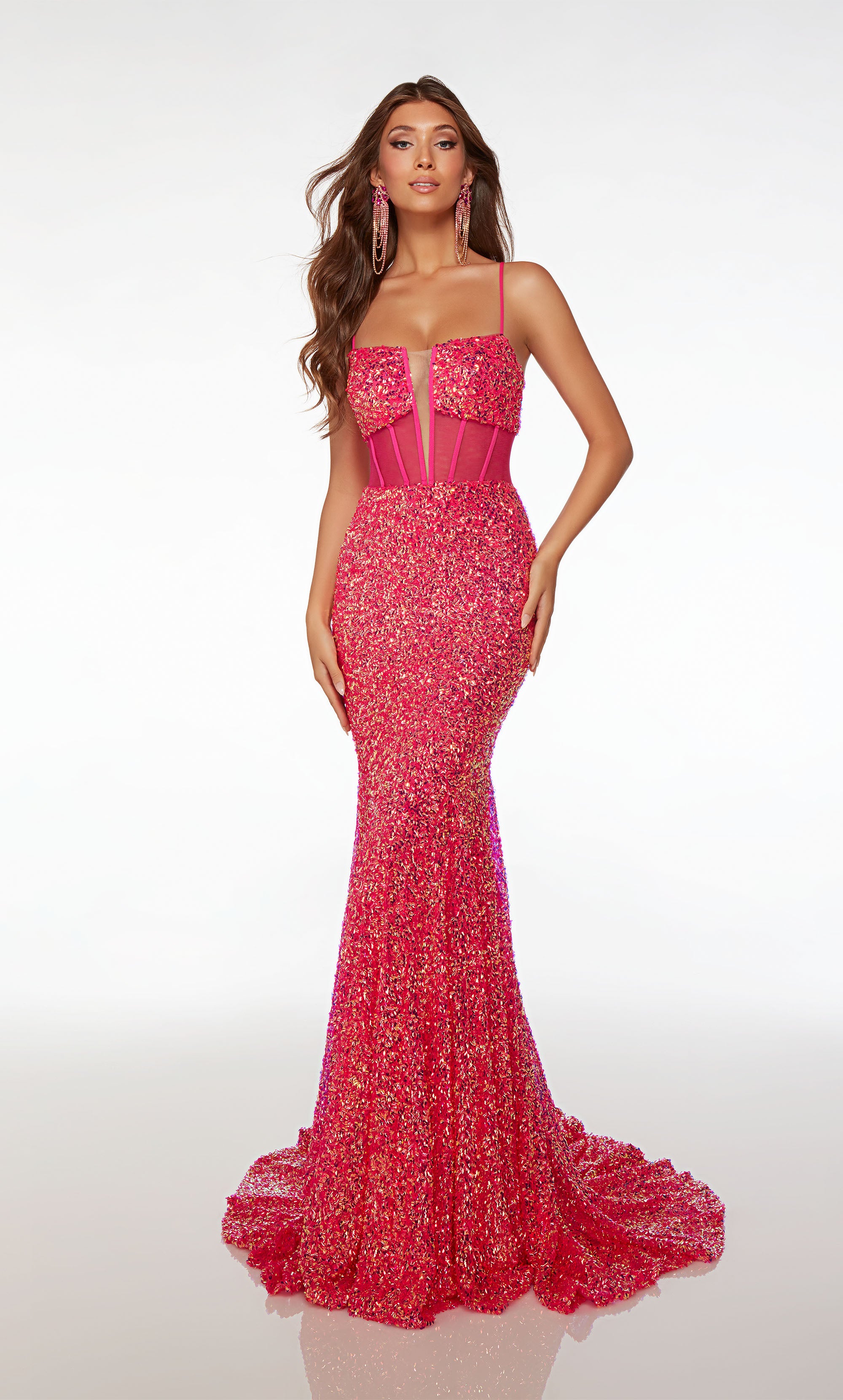 Mermaid Spaghetti Strap Satin Long Prom Dress, Hot Pink Corset Evening