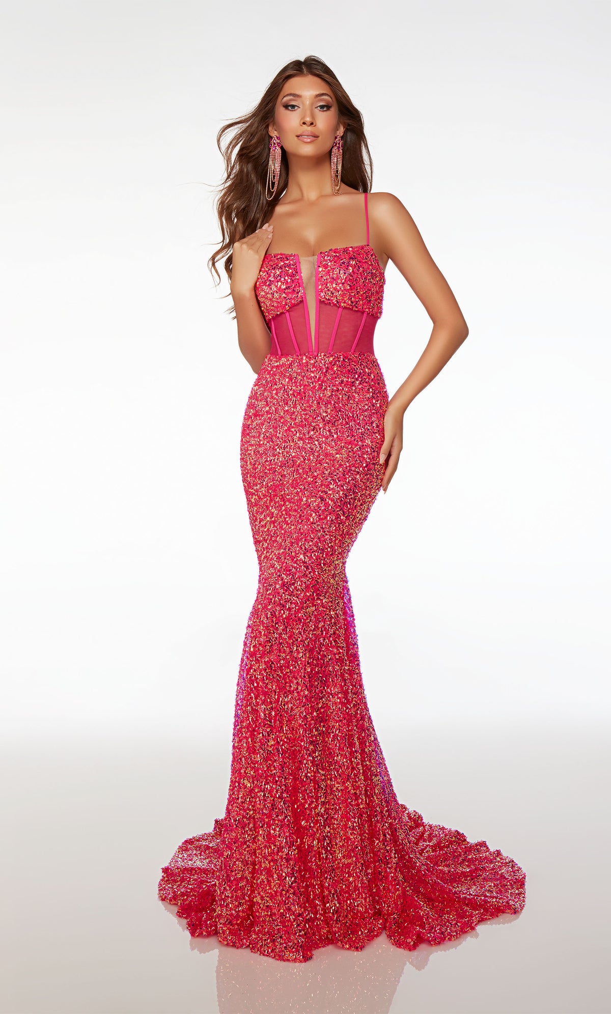 Dazzling pink sequin mermaid dress with an square plunging neckline, sheer corset top, crisscross lace-up back, and an gracefully long train.