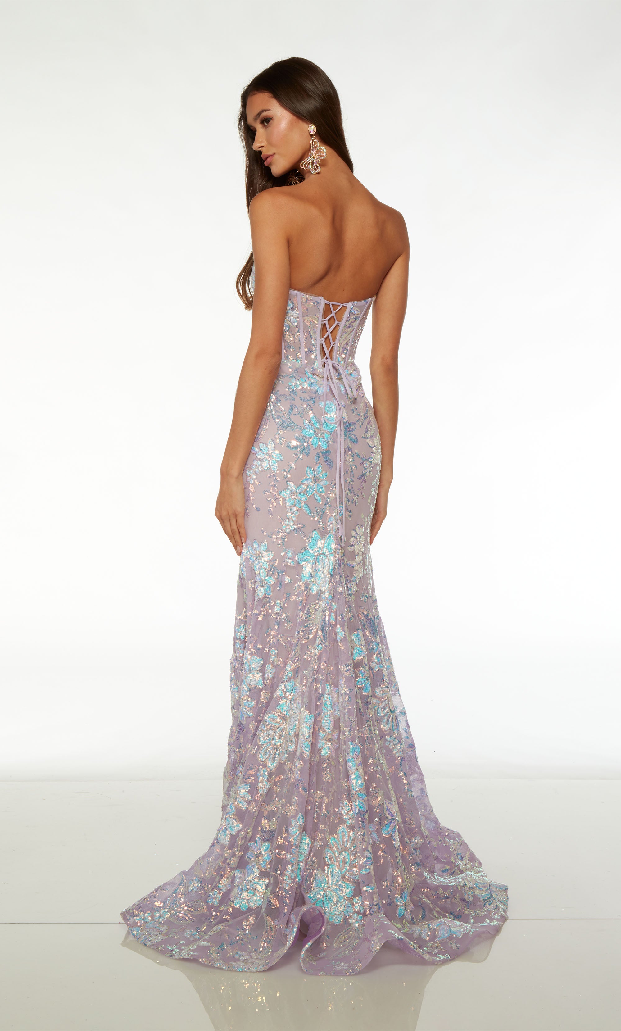 Strapless purple prom dress featuring an diamond keyhole corset top, lace-up back, train, and iridescent floral sequin designs for an captivating and elegant look.