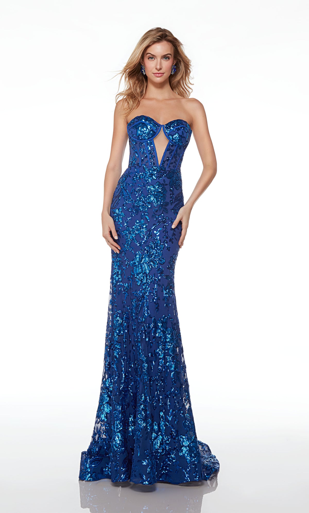Strapless royal blue prom dress featuring an diamond keyhole corset top, lace-up back, train, and iridescent floral sequin designs for an captivating and elegant look.
