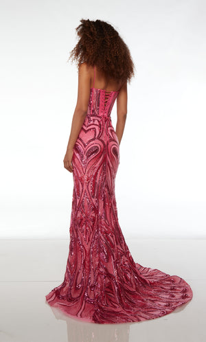 Unique fuchsia pink prom dress with an sweetheart neckline, corset top, lace-up back, and an long train adorned with intricate sequin designs for an truly one-of-a-kind ensemble.