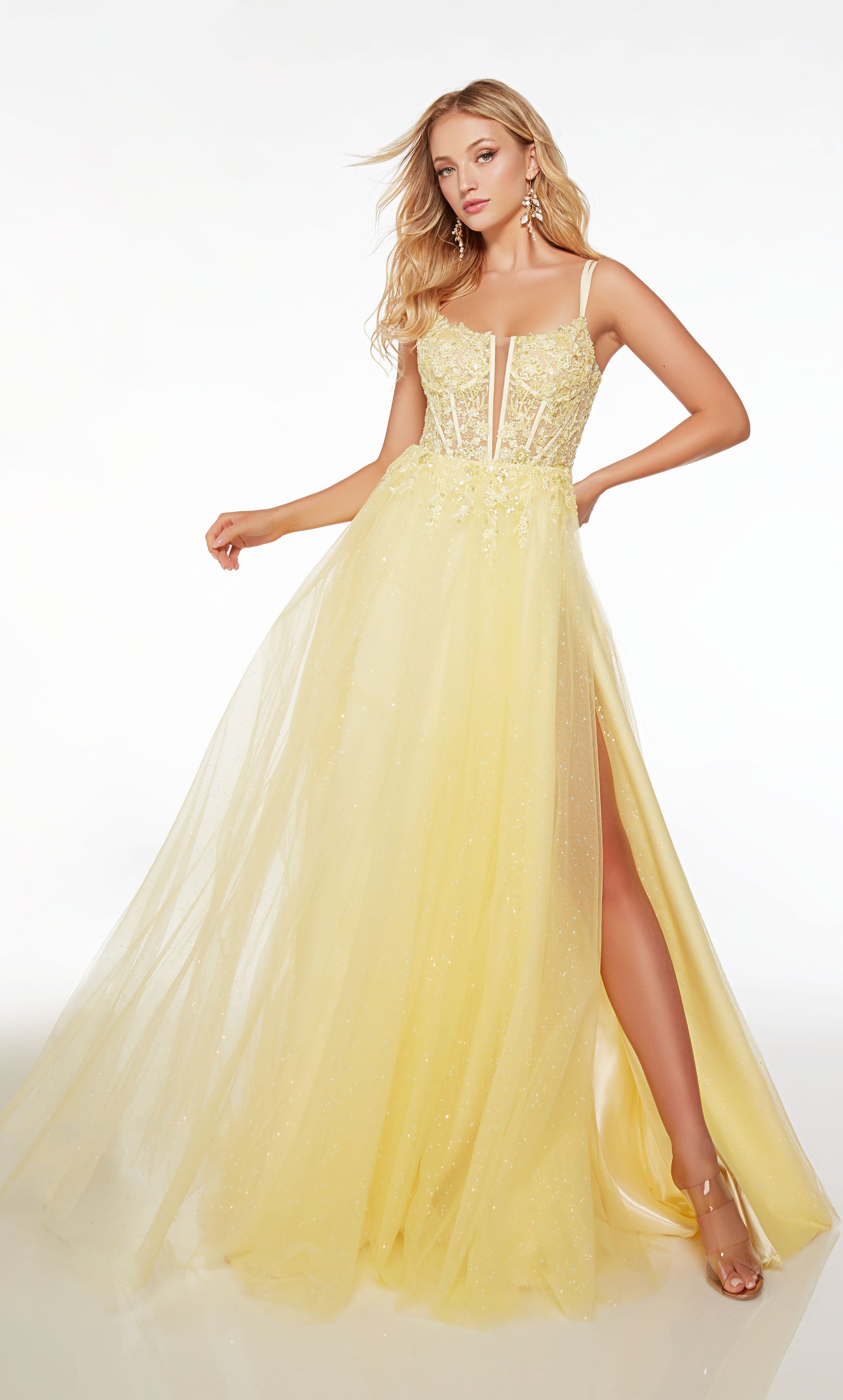Flower Straps Yellow Corset Slit Prom Ball Gown