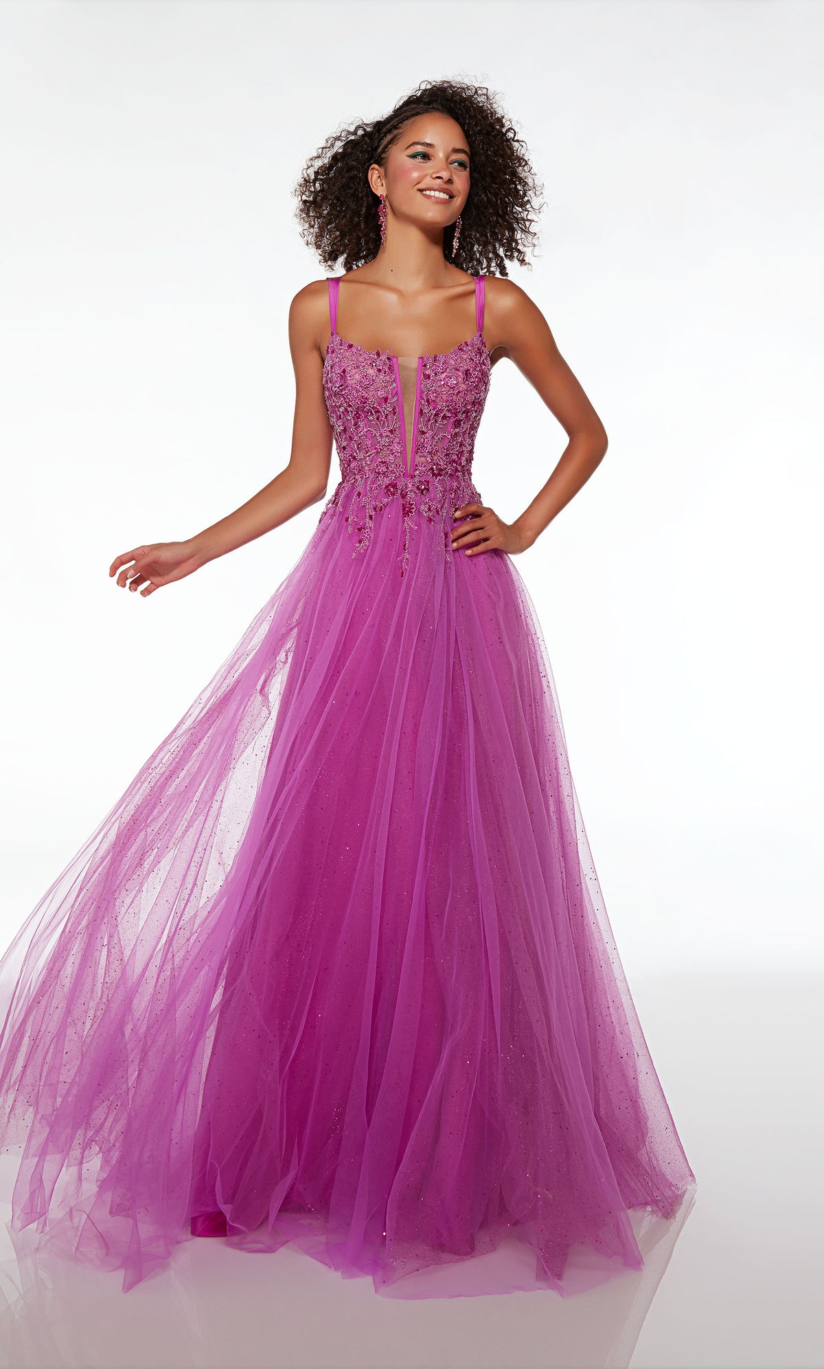 Gorgeous purple prom dress in glitter tulle, adorned with an romantic lace corset top, floral lace appliques, high slit, lace-up back, and an graceful train.
